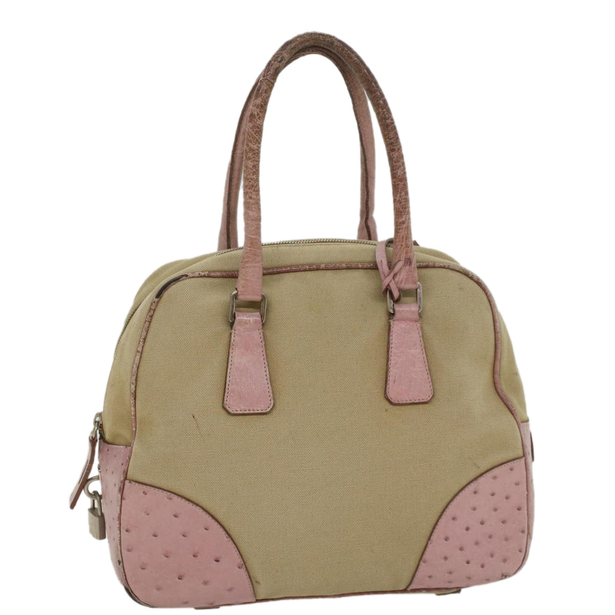 PRADA Hand Bag Canvas Leather Beige Pink Auth 56274