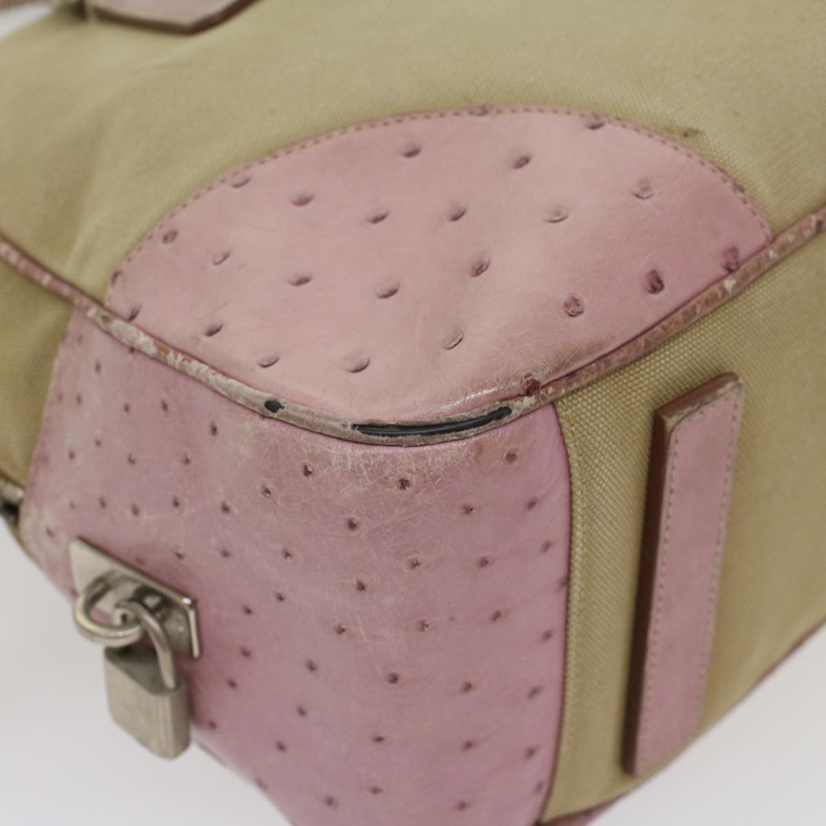 PRADA Hand Bag Canvas Leather Beige Pink Auth 56274