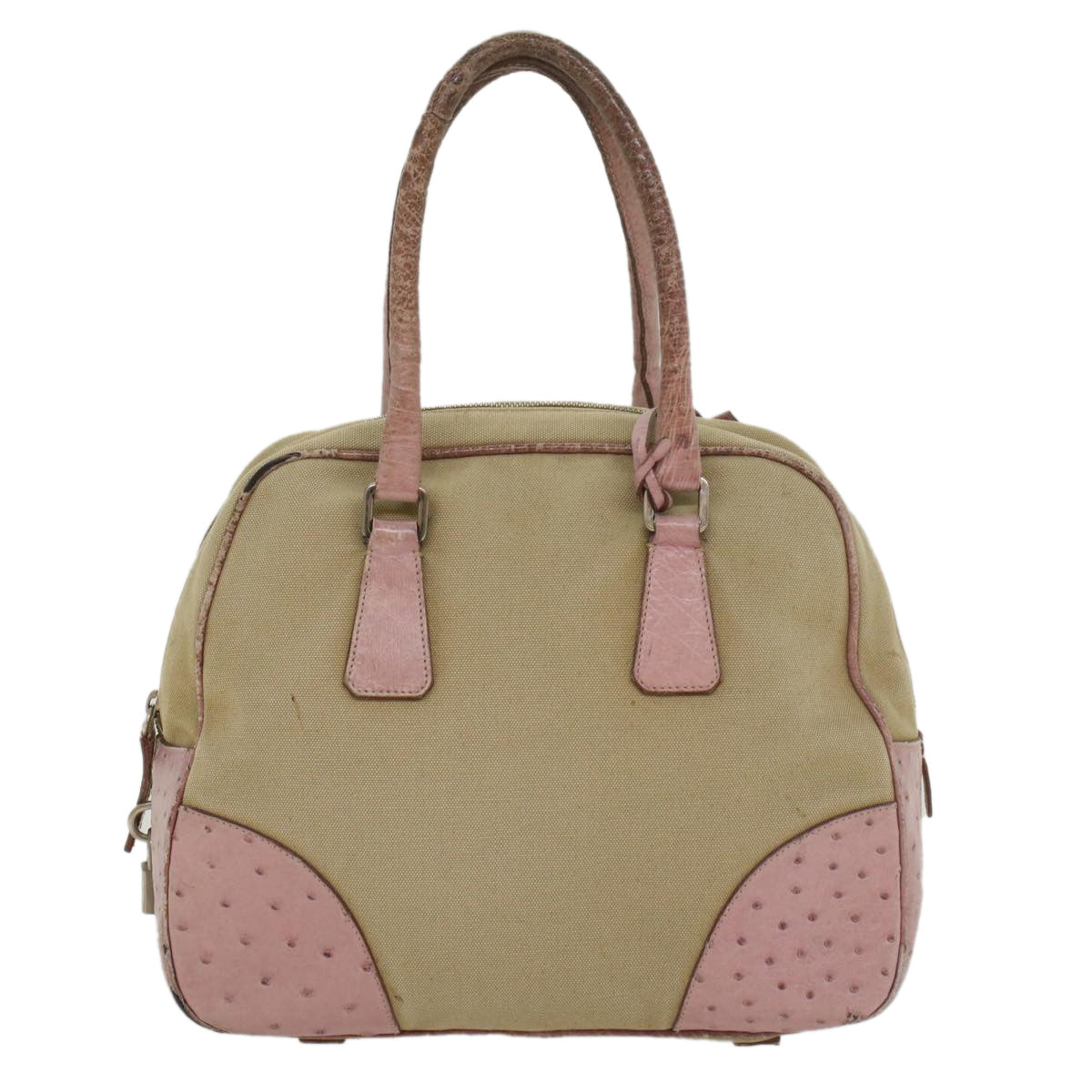 PRADA Hand Bag Canvas Leather Beige Pink Auth 56274