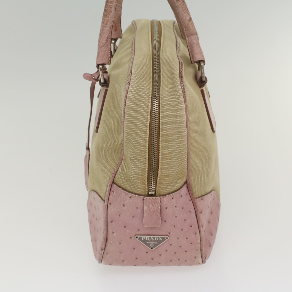 PRADA Hand Bag Canvas Leather Beige Pink Auth 56274