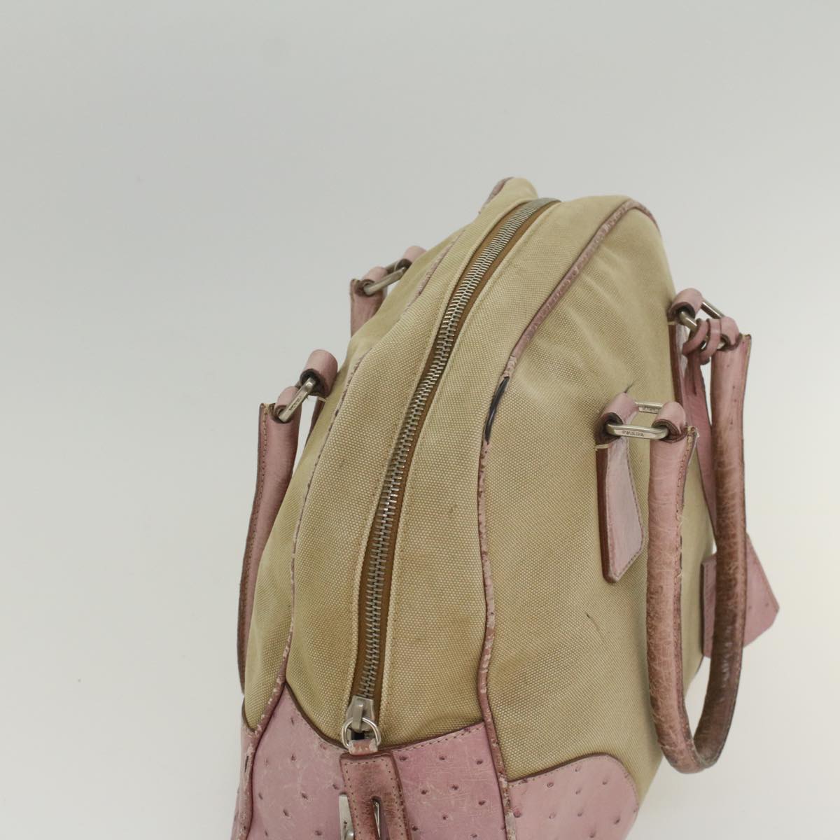 PRADA Hand Bag Canvas Leather Beige Pink Auth 56274