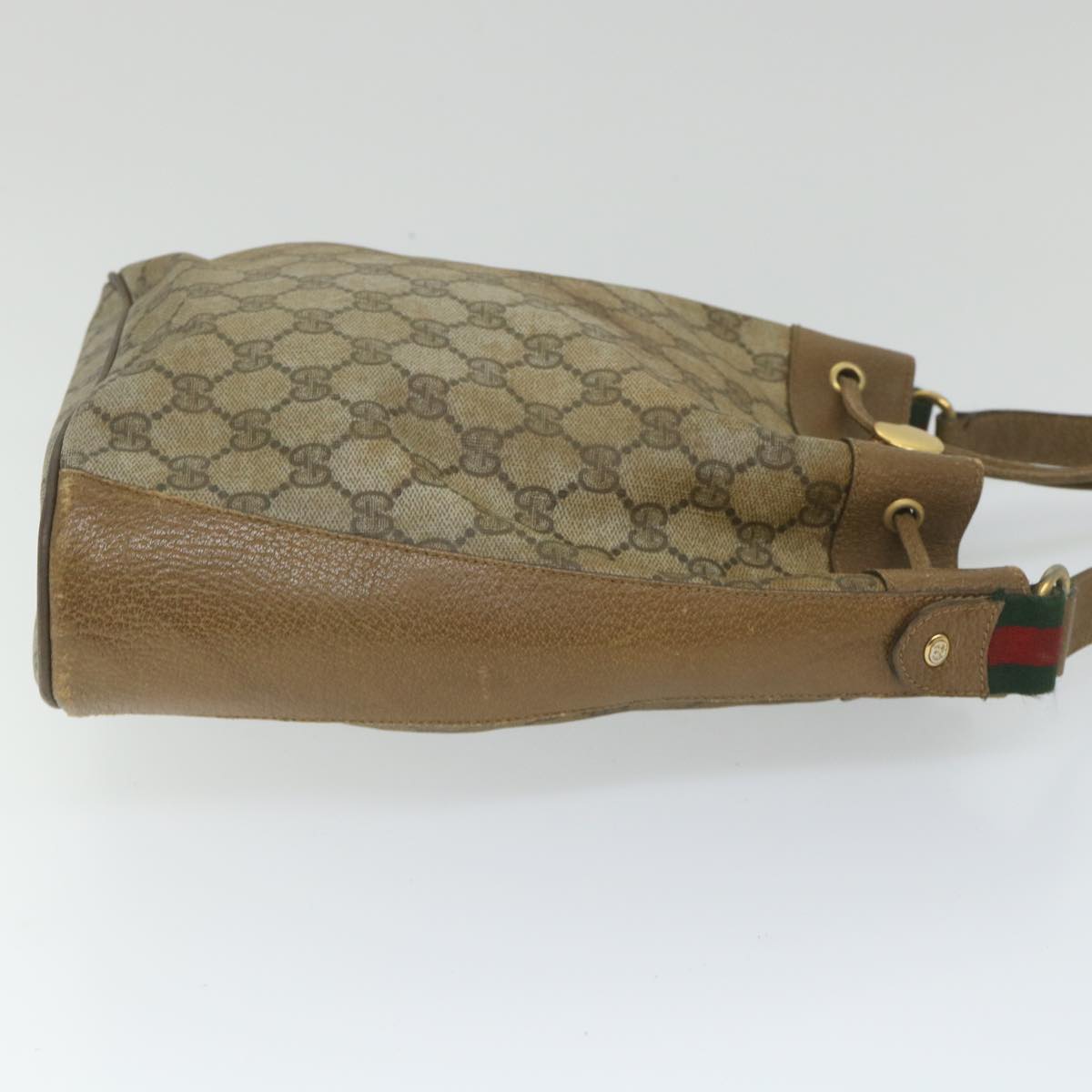 GUCCI GG Canvas Web Sherry Line Shoulder Bag PVC Leather Beige Green Auth 56288