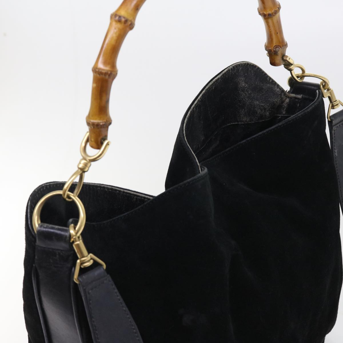 GUCCI Bamboo Shoulder Bag Suede 2way Black Auth 56296