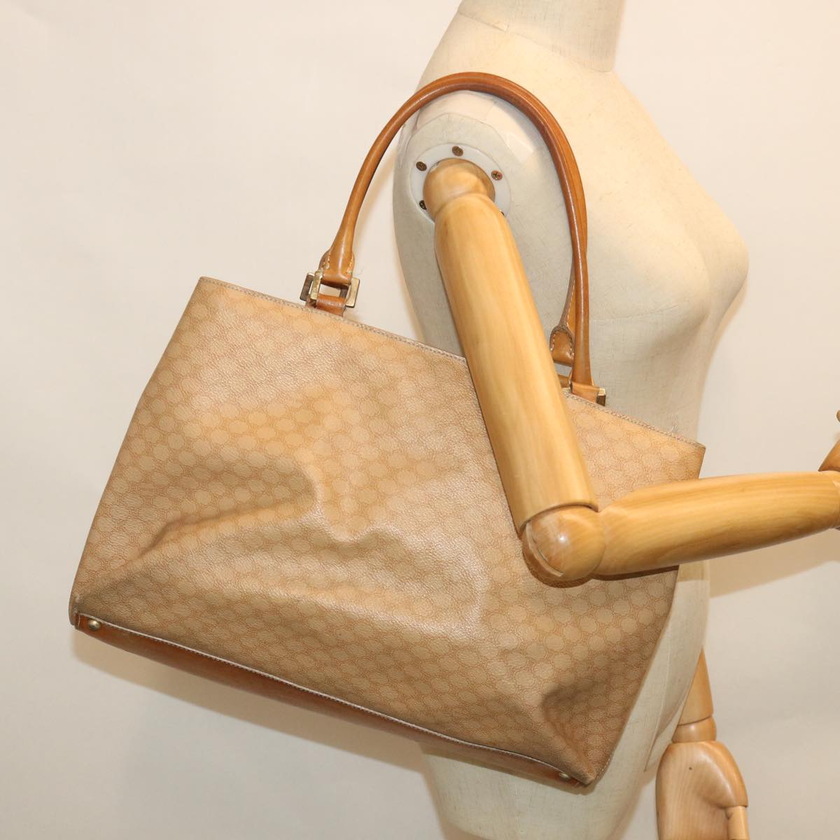 CELINE Macadam Canvas Tote Bag PVC Leather Beige Auth 56305