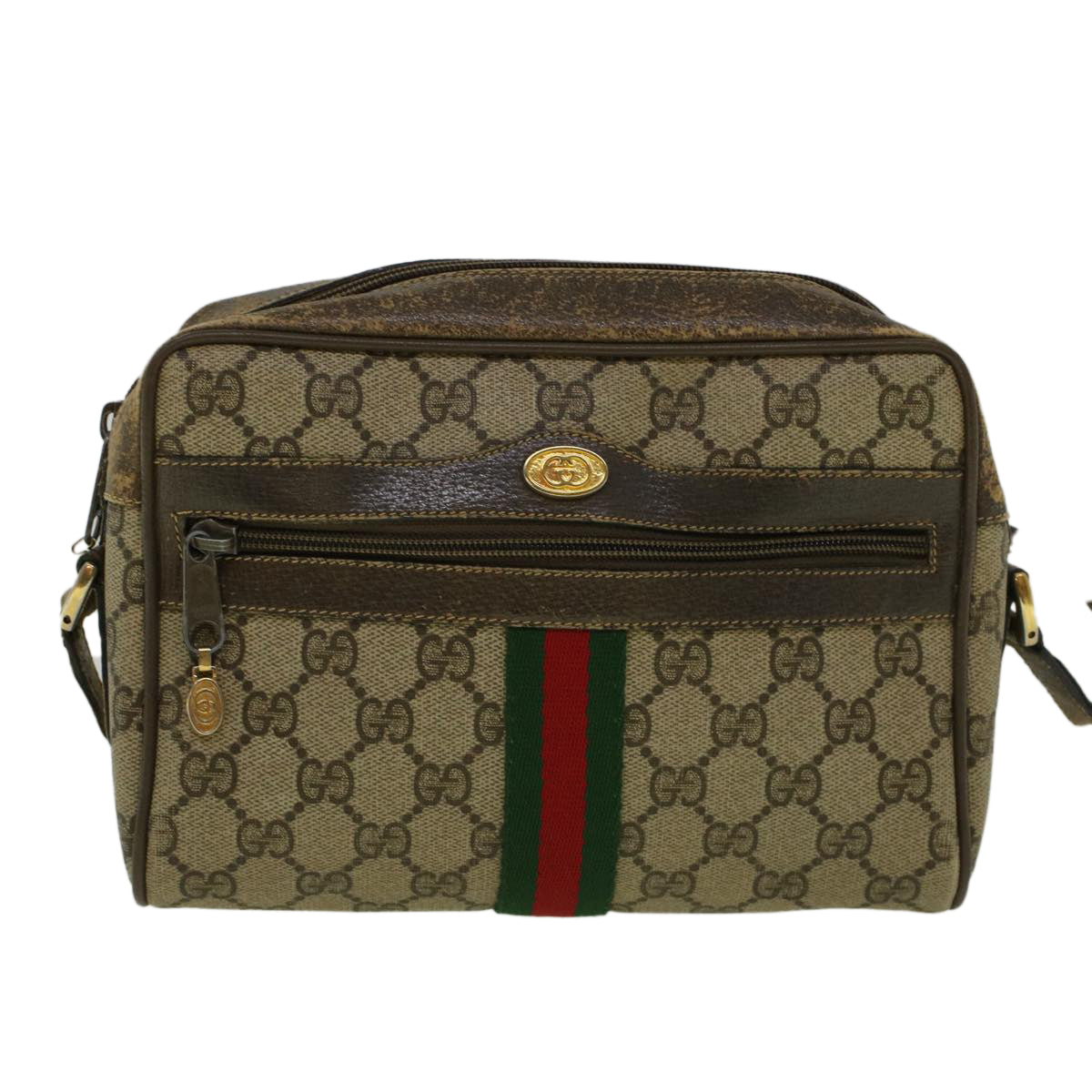 GUCCI GG Canvas Web Sherry Line Shoulder Bag PVC Leather Beige Green Auth 56454