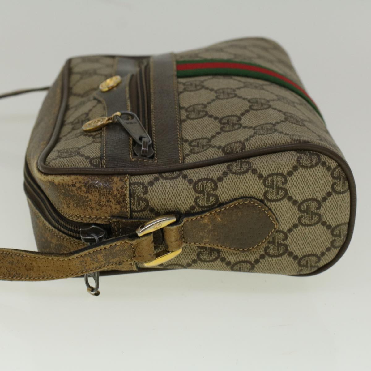 GUCCI GG Canvas Web Sherry Line Shoulder Bag PVC Leather Beige Green Auth 56454