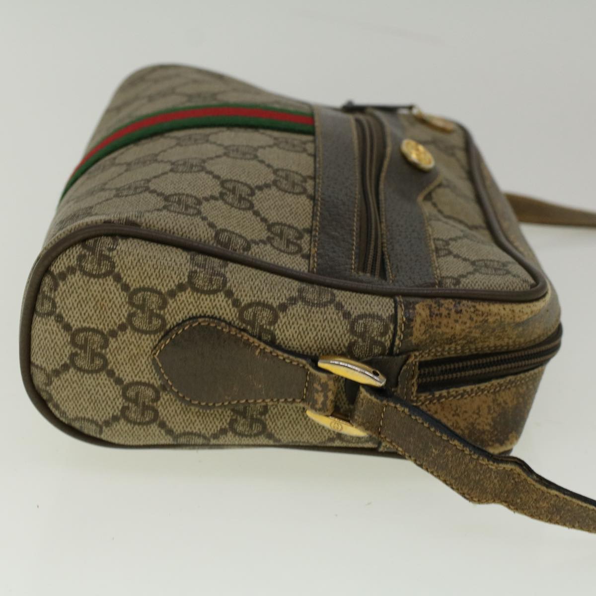 GUCCI GG Canvas Web Sherry Line Shoulder Bag PVC Leather Beige Green Auth 56454