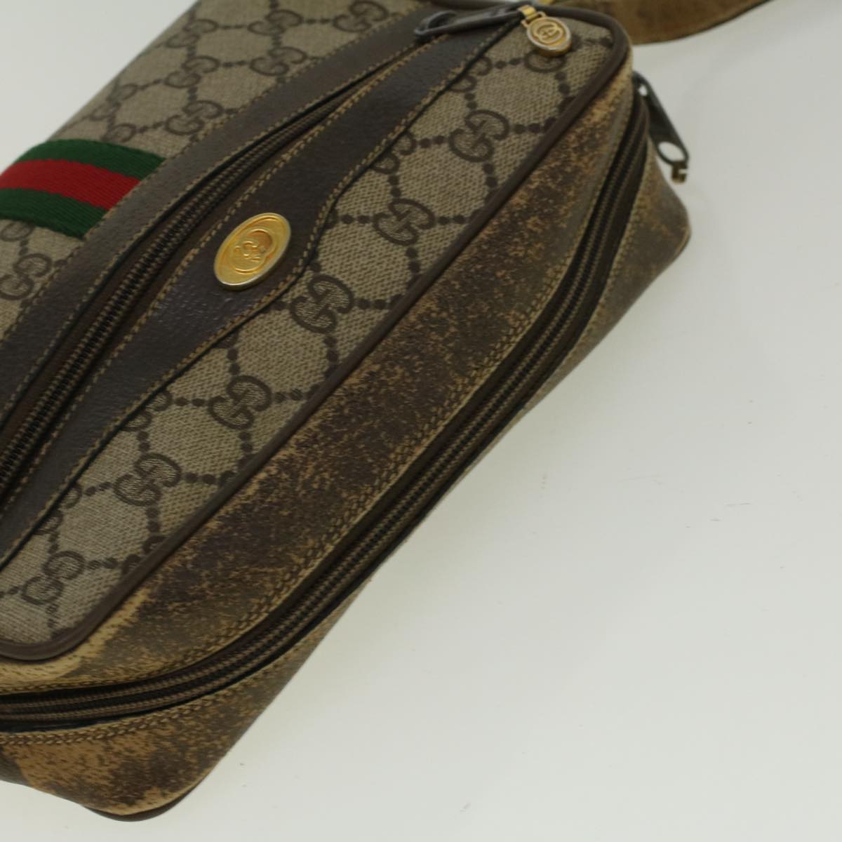 GUCCI GG Canvas Web Sherry Line Shoulder Bag PVC Leather Beige Green Auth 56454