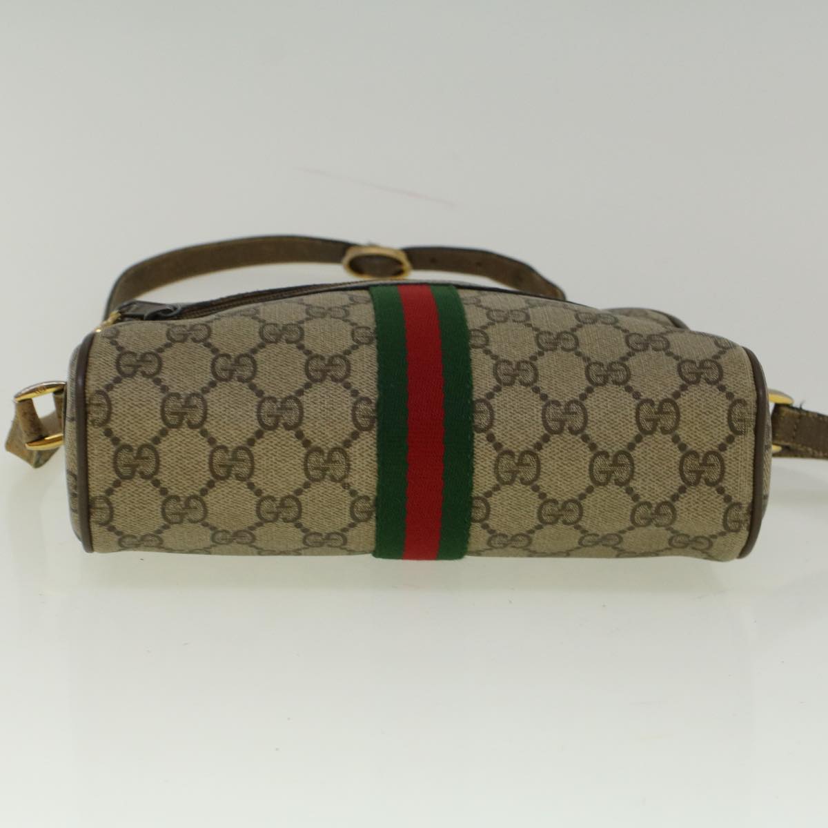 GUCCI GG Canvas Web Sherry Line Shoulder Bag PVC Leather Beige Green Auth 56454