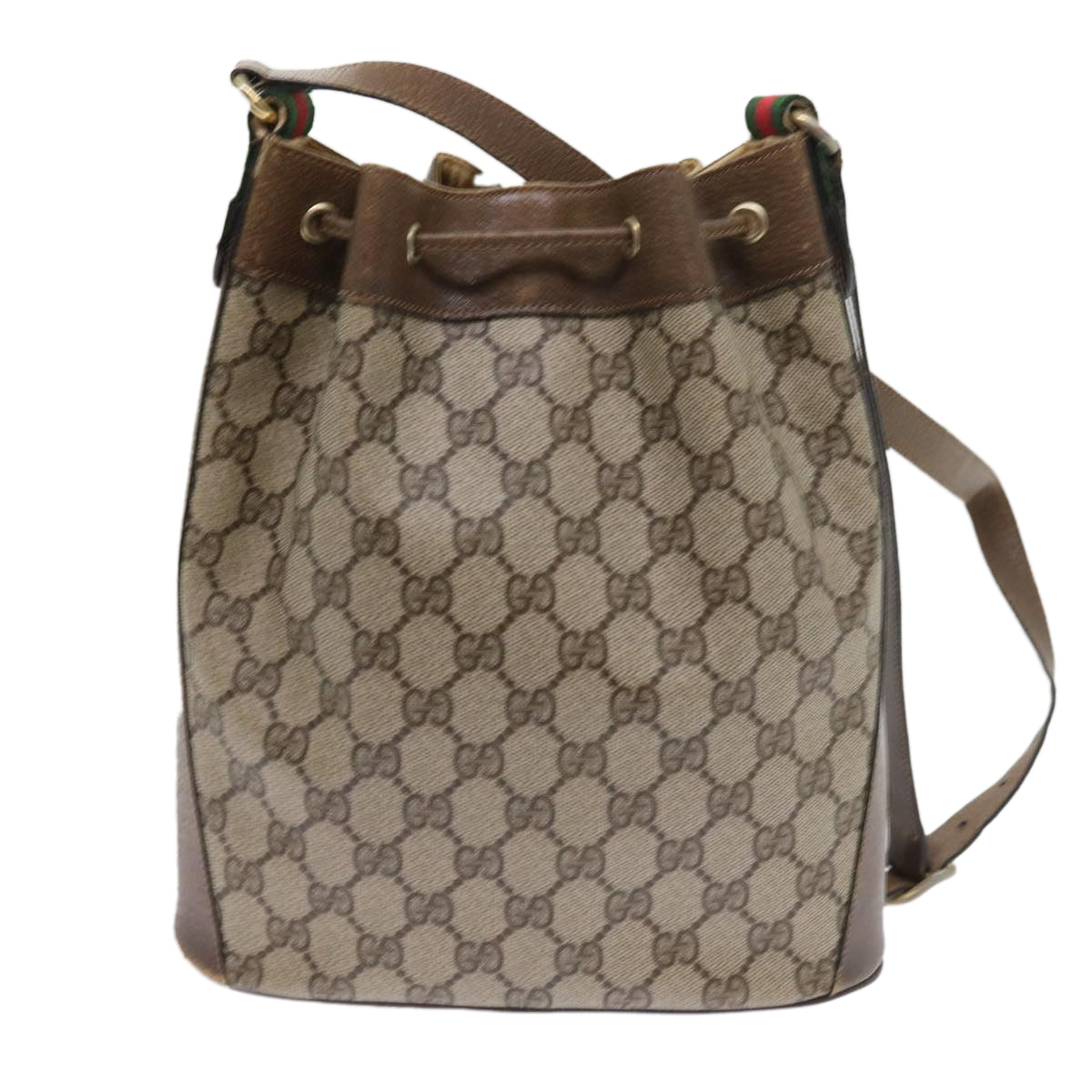 GUCCI GG Canvas Web Sherry Line Shoulder Bag PVC Leather Beige Green Auth 56564