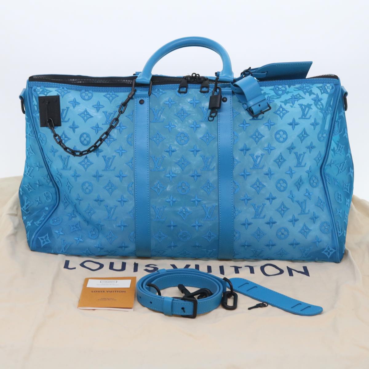 LOUIS VUITTON Monogram Mesh Keepall Triangle 50 Bag Blue M45048 LV Auth 56647A