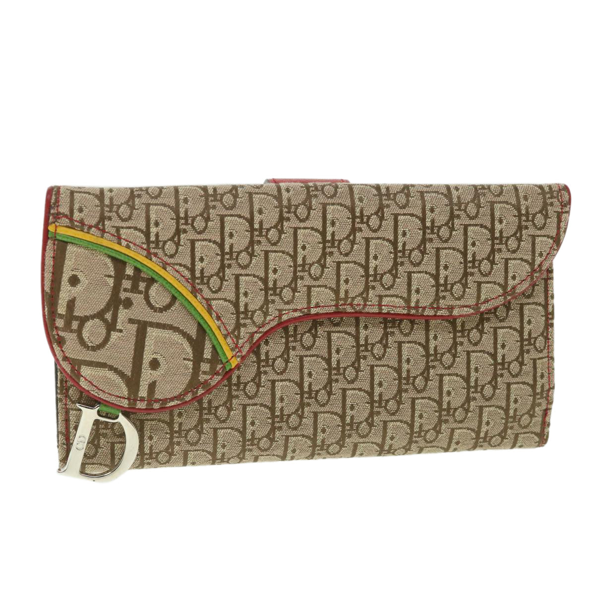 Christian Dior Trotter Canvas Rasta Color Long Wallet Beige Auth 56695