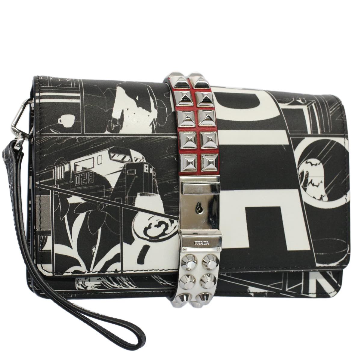 PRADA VITELLO COMICS Clutch Bag Leather Black White Auth 56942