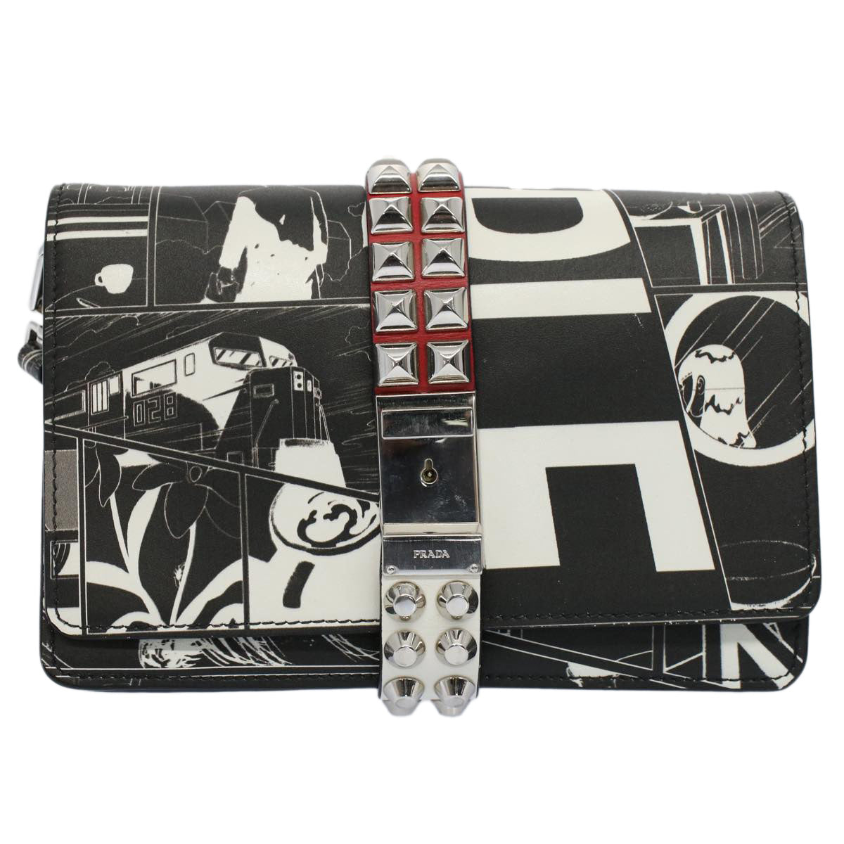 PRADA VITELLO COMICS Clutch Bag Leather Black White Auth 56942