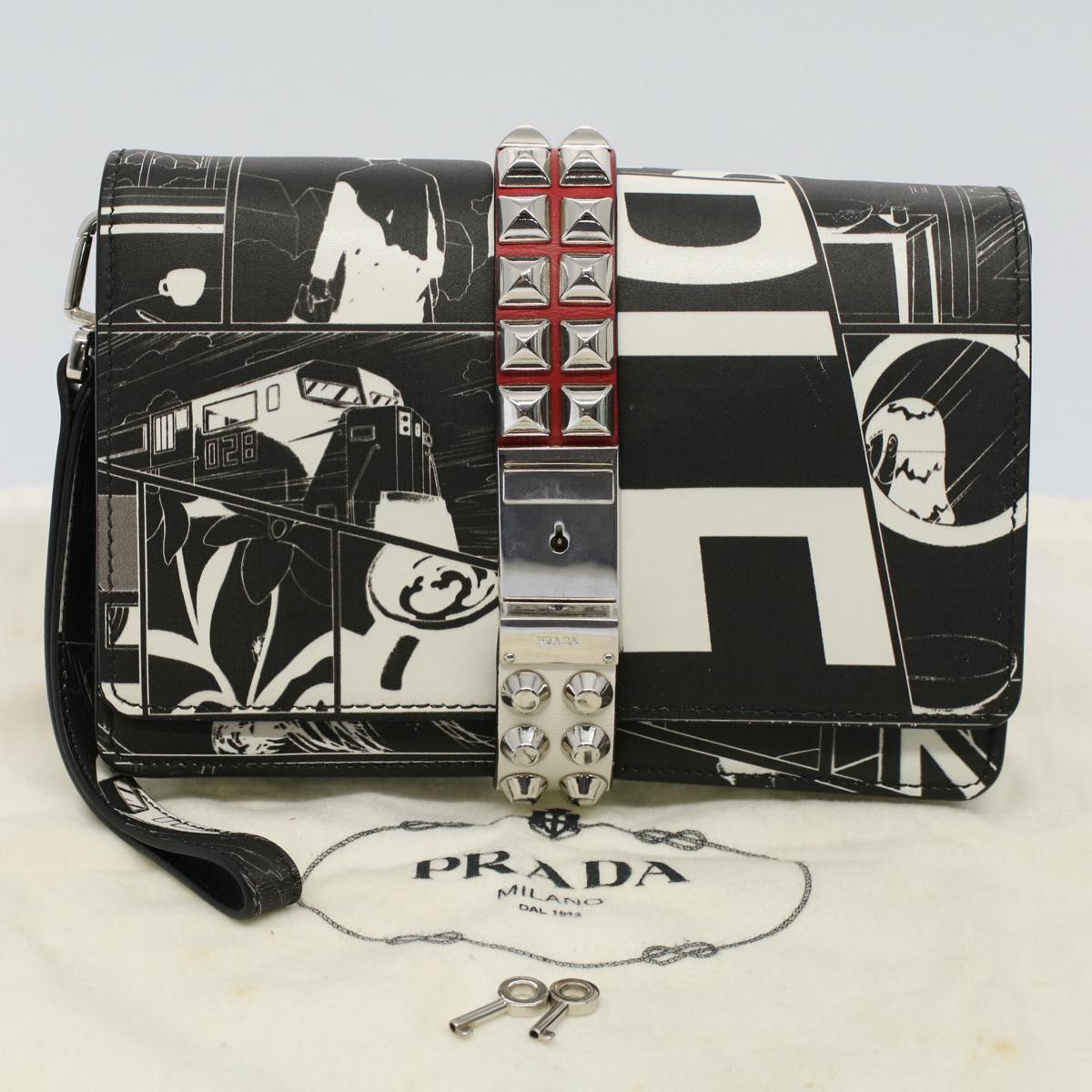 PRADA VITELLO COMICS Clutch Bag Leather Black White Auth 56942