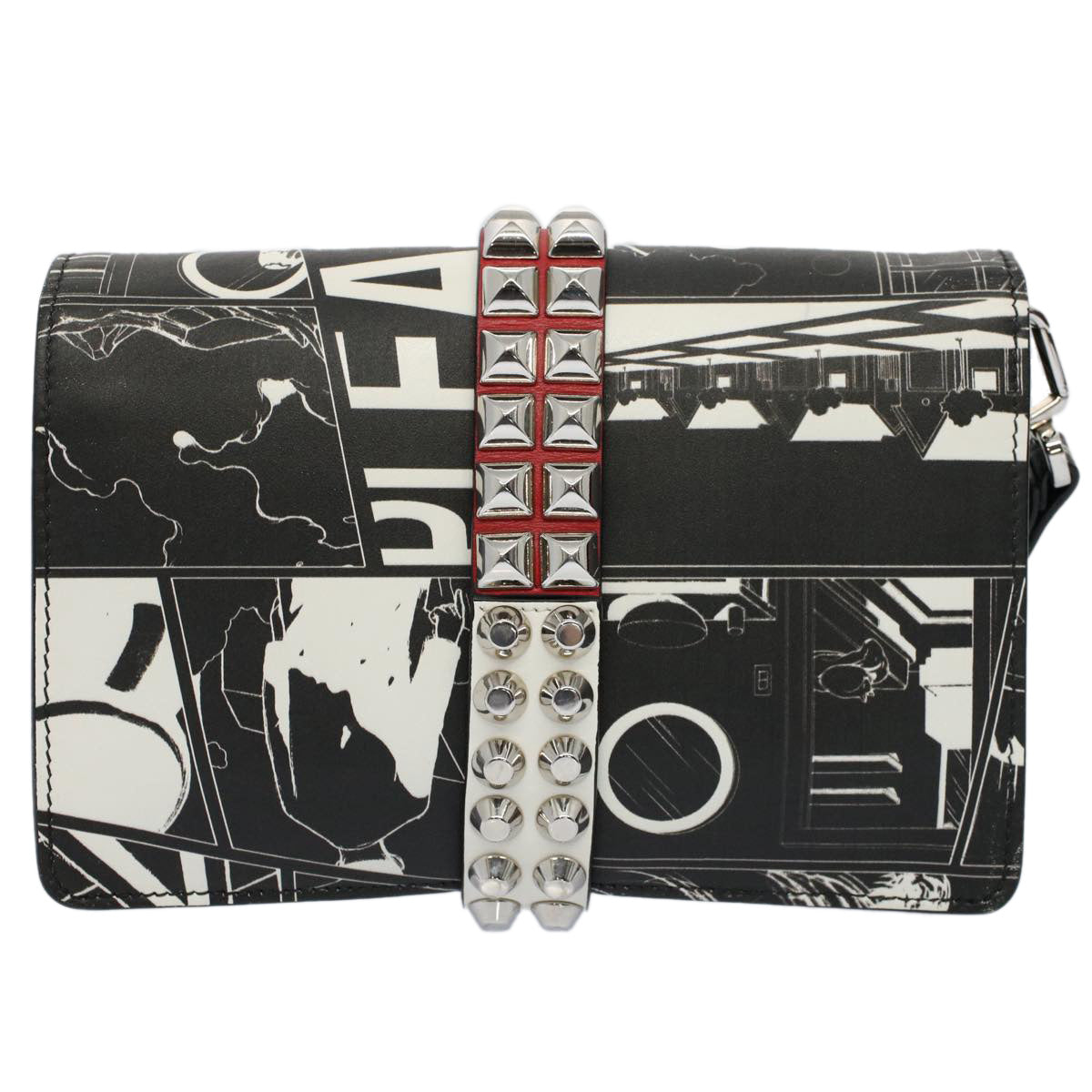 PRADA VITELLO COMICS Clutch Bag Leather Black White Auth 56942