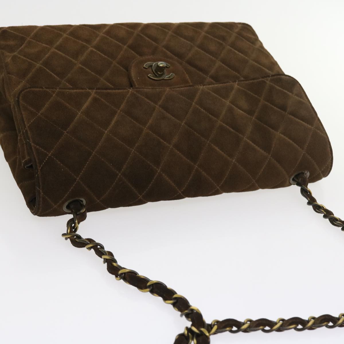 CHANEL Big Matelasse Chain Shoulder Bag Suede Brown CC Auth 57075A