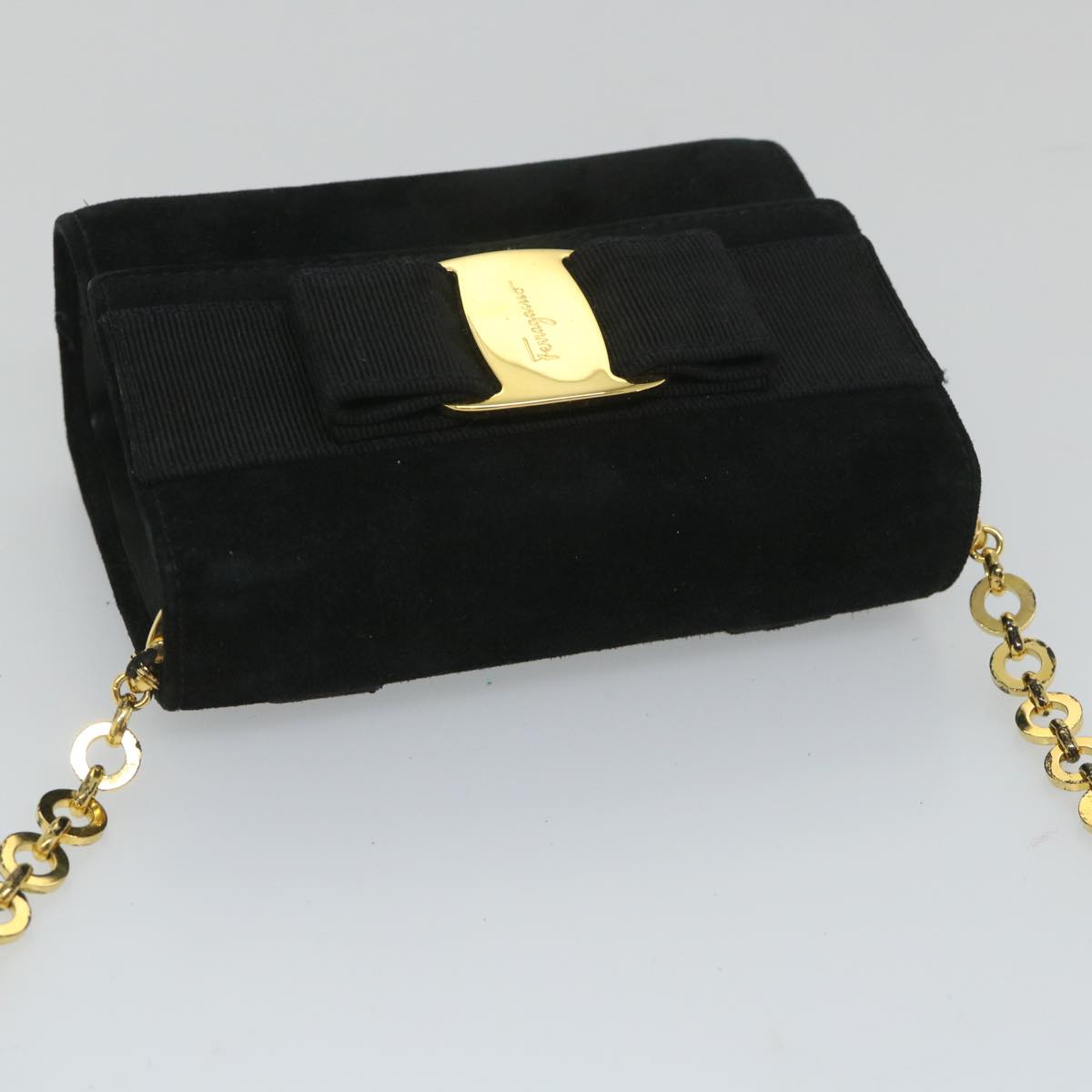 Salvatore Ferragamo Chain Shoulder Bag Suede Black Auth 57207