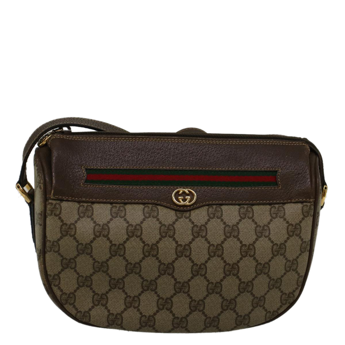 GUCCI GG Canvas Web Sherry Line Shoulder Bag PVC Leather Beige Green Auth 57284