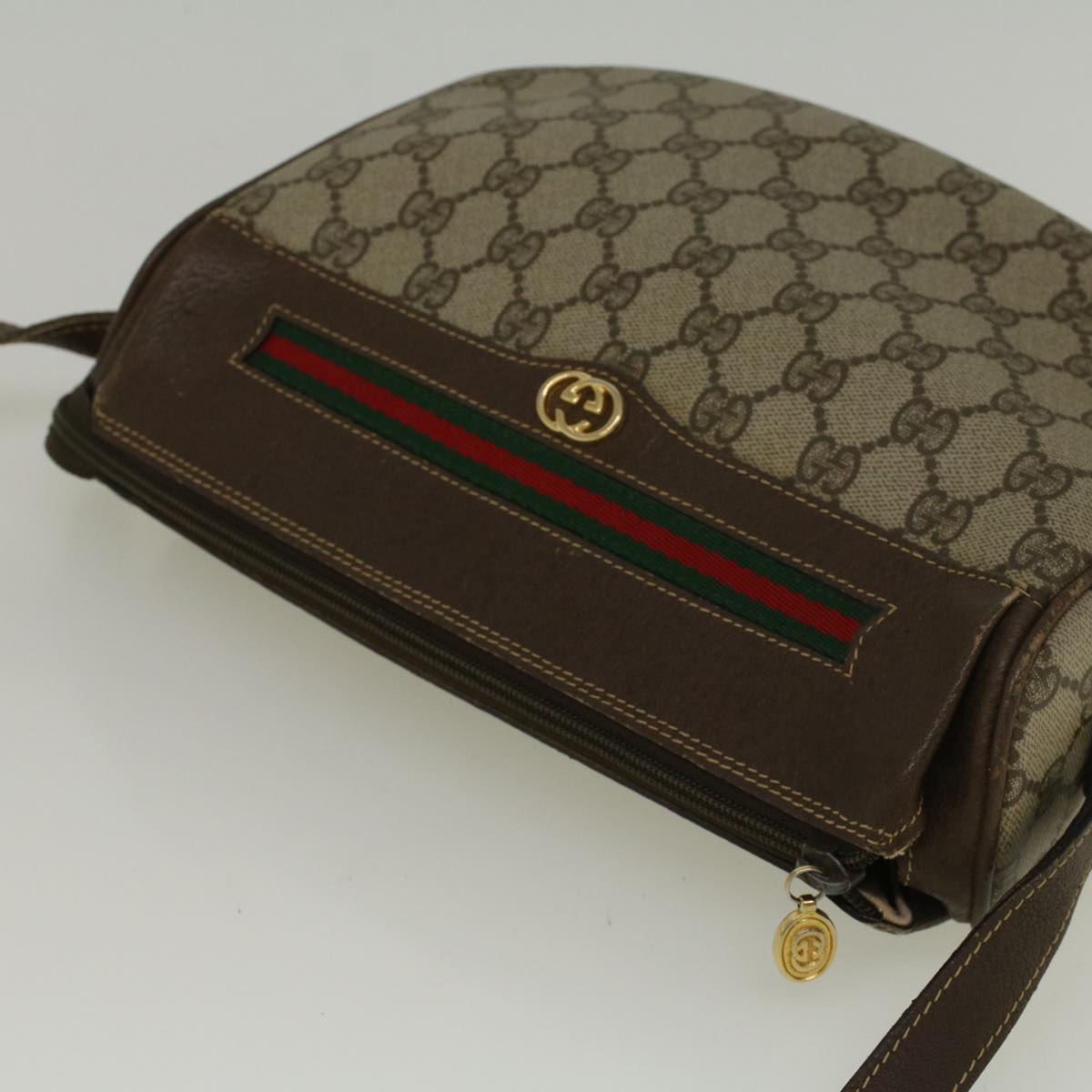 GUCCI GG Canvas Web Sherry Line Shoulder Bag PVC Leather Beige Green Auth 57284