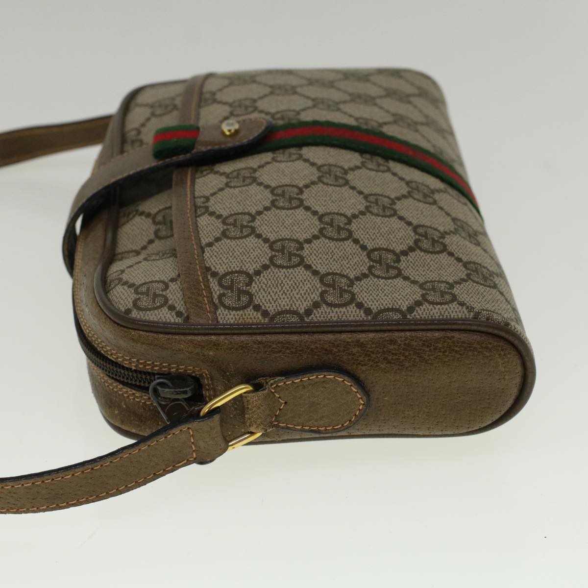 GUCCI GG Canvas Web Sherry Line Shoulder Bag PVC Leather Beige Green Auth 57313