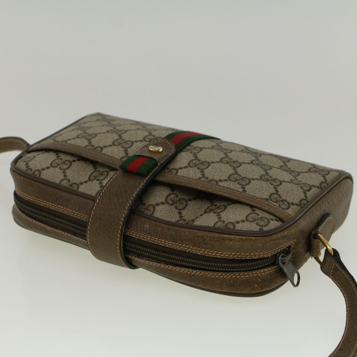 GUCCI GG Canvas Web Sherry Line Shoulder Bag PVC Leather Beige Green Auth 57313