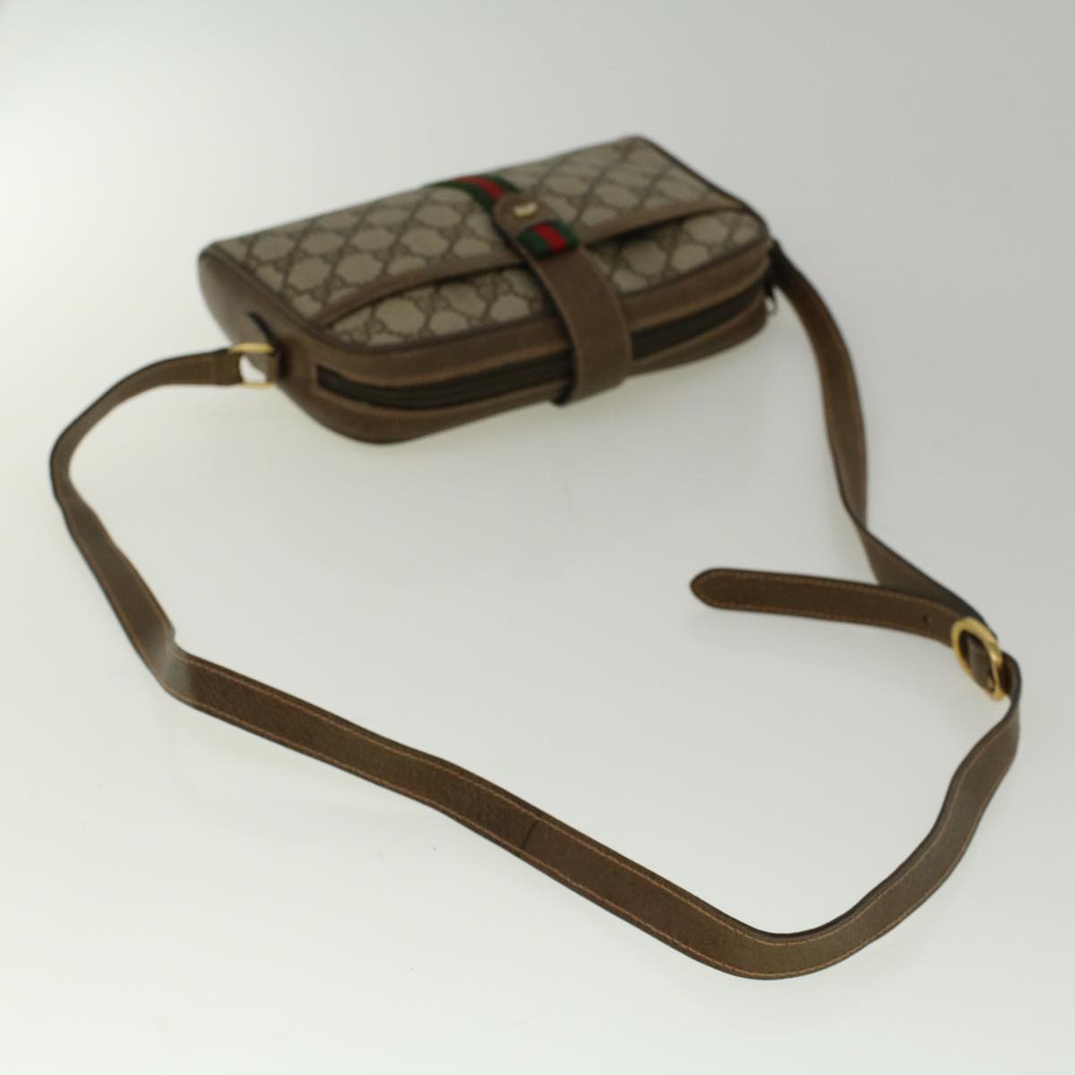 GUCCI GG Canvas Web Sherry Line Shoulder Bag PVC Leather Beige Green Auth 57313