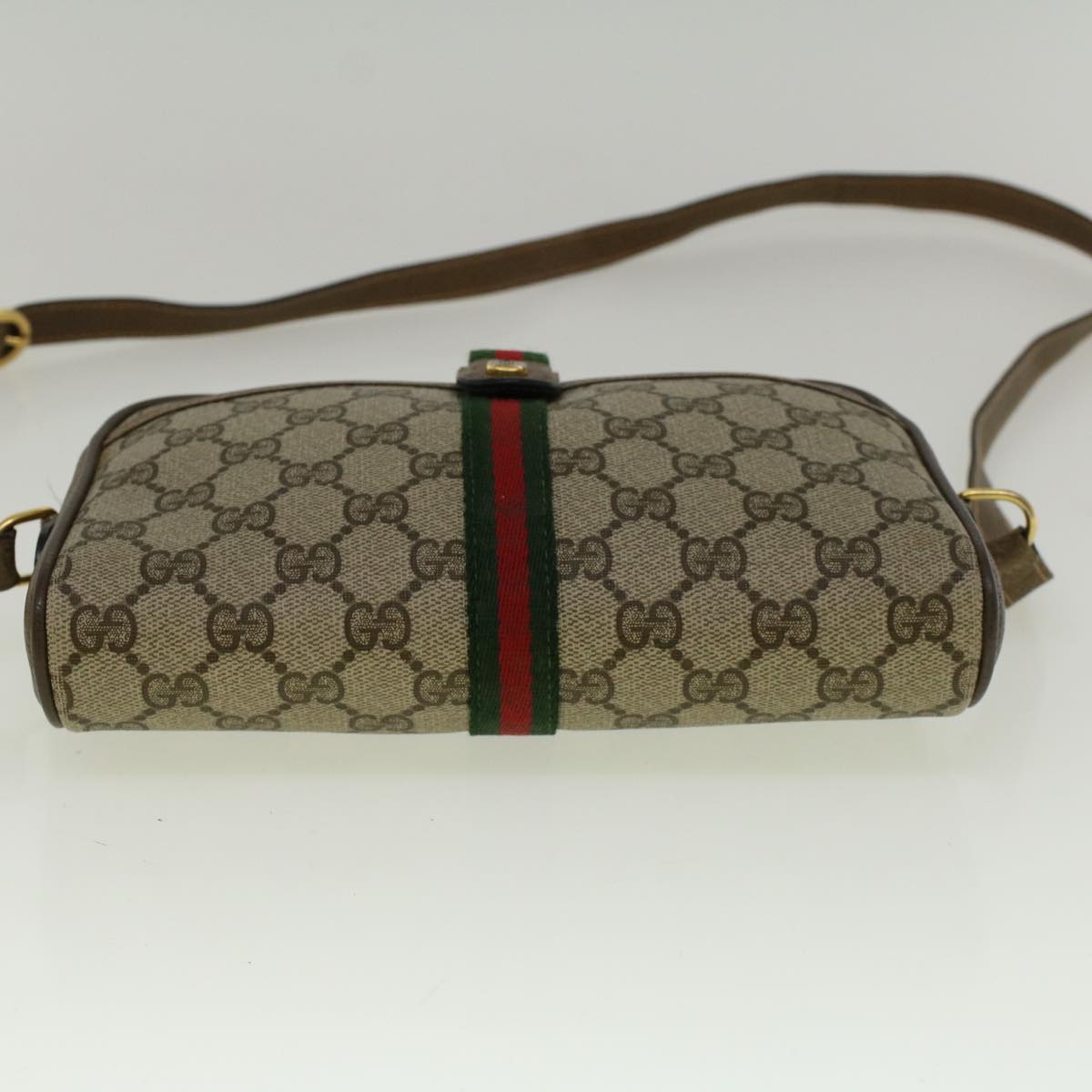 GUCCI GG Canvas Web Sherry Line Shoulder Bag PVC Leather Beige Green Auth 57313