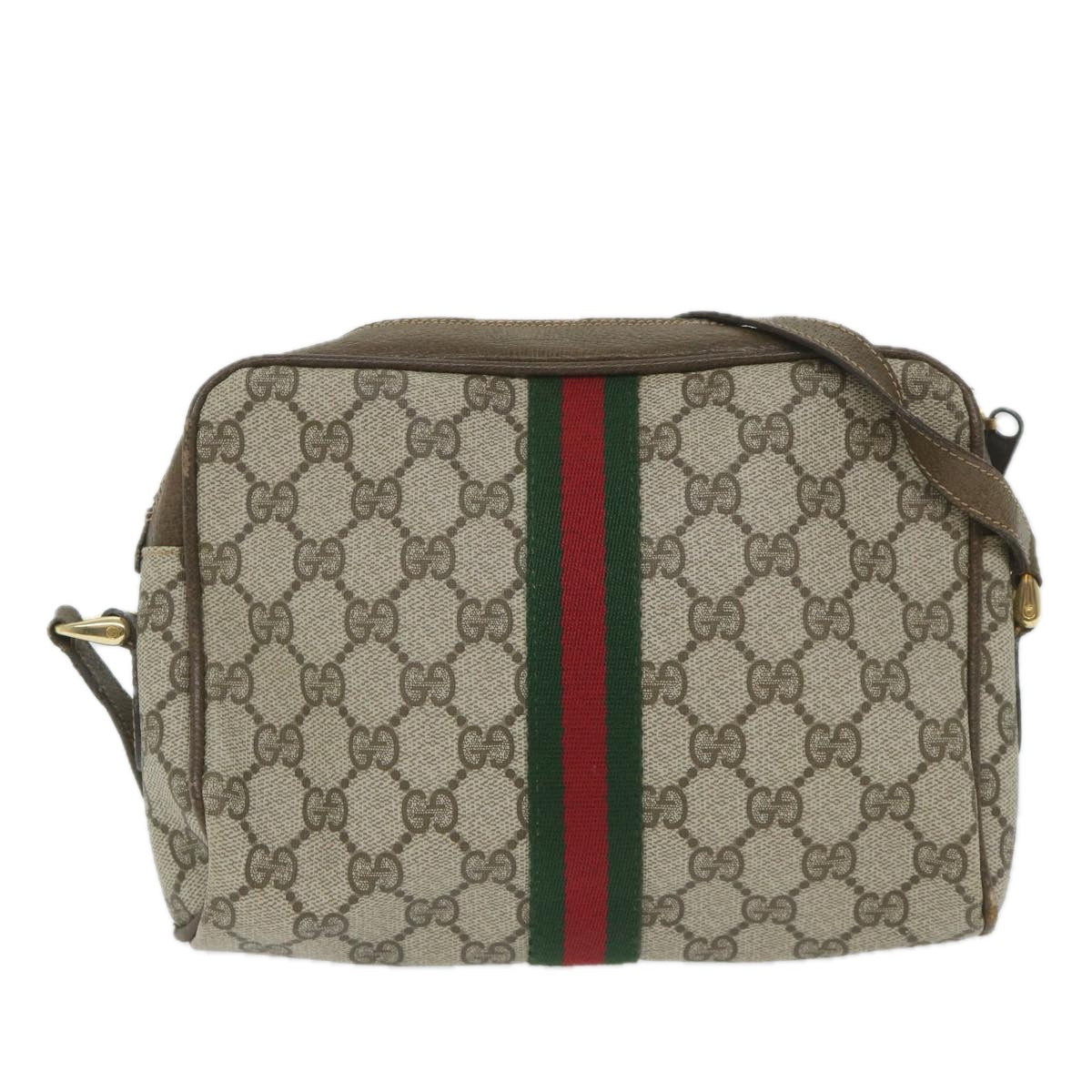 GUCCI GG Canvas Web Sherry Line Shoulder Bag PVC Leather Beige Green Auth 57363