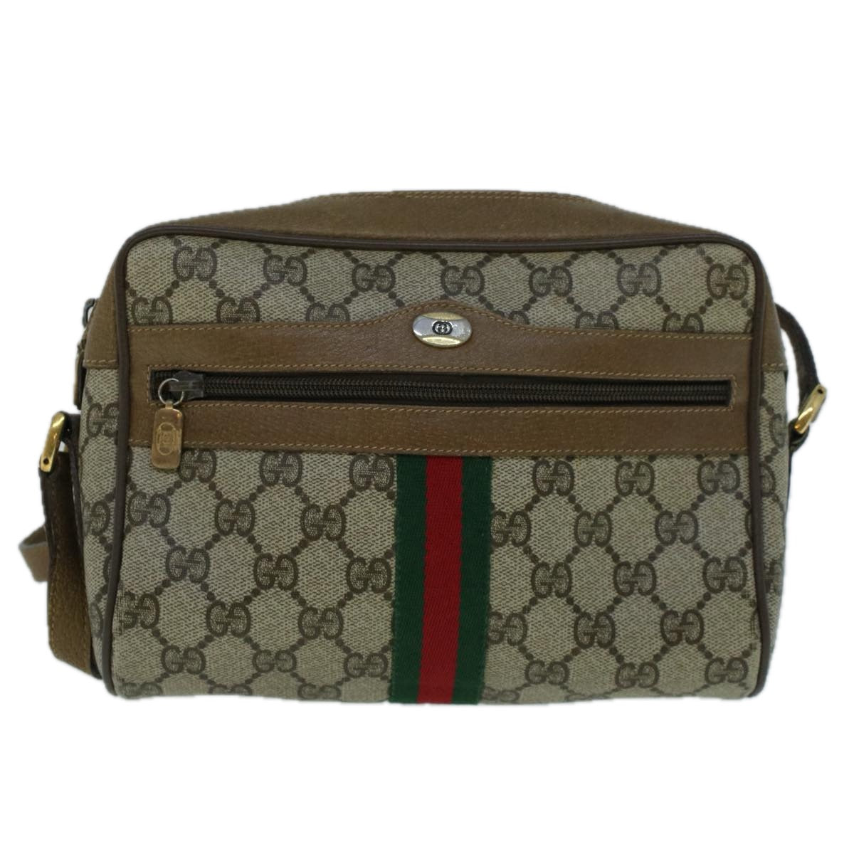 GUCCI GG Canvas Web Sherry Line Shoulder Bag PVC Leather Beige Green Auth 57622