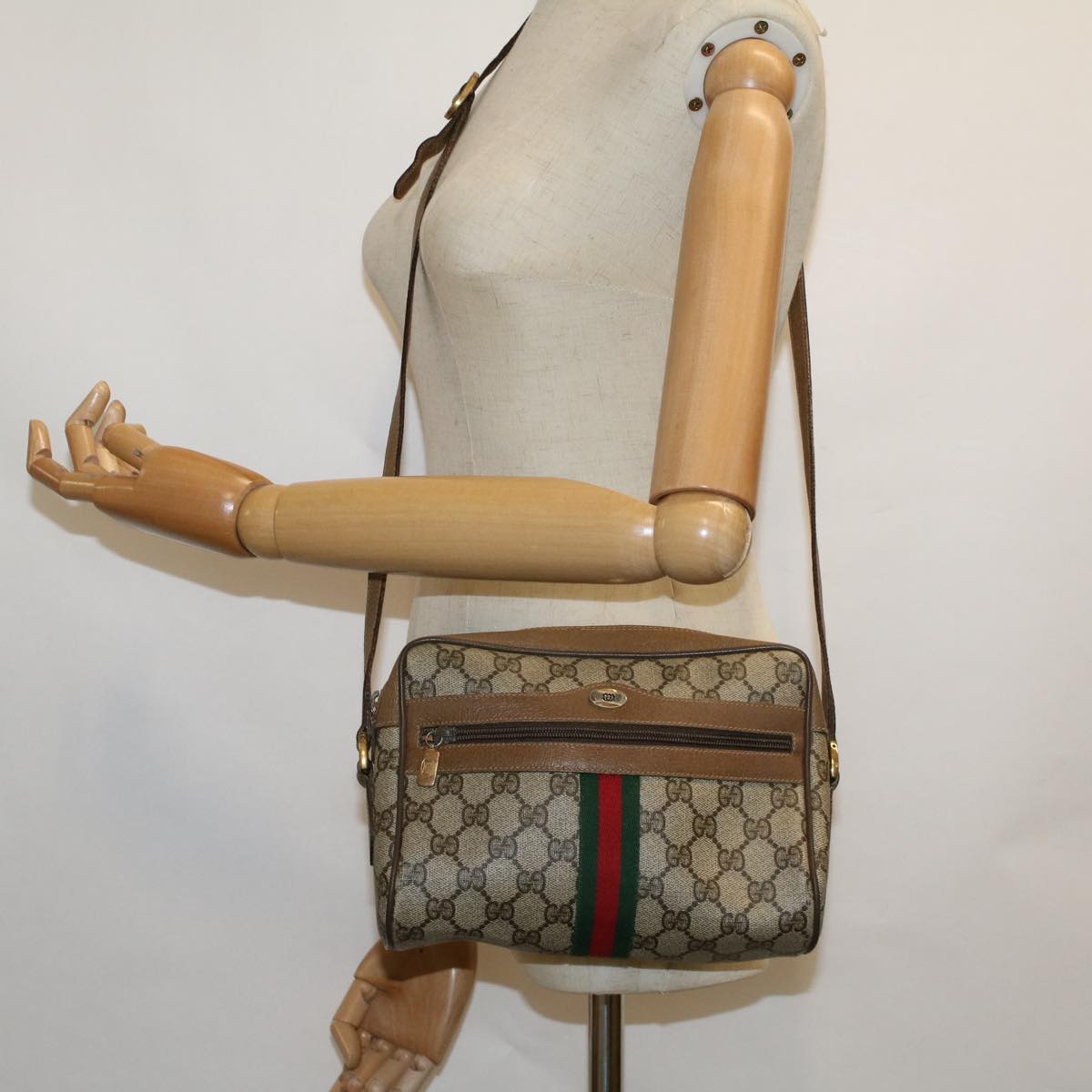 GUCCI GG Canvas Web Sherry Line Shoulder Bag PVC Leather Beige Green Auth 57622