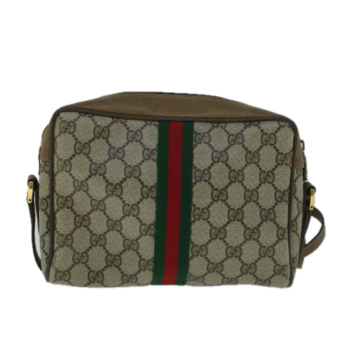 GUCCI GG Canvas Web Sherry Line Shoulder Bag PVC Leather Beige Green Auth 57622