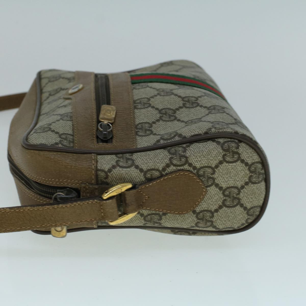 GUCCI GG Canvas Web Sherry Line Shoulder Bag PVC Leather Beige Green Auth 57622