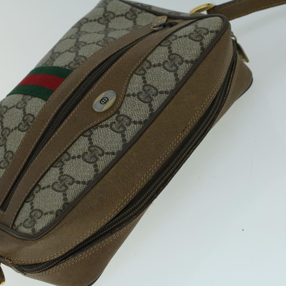 GUCCI GG Canvas Web Sherry Line Shoulder Bag PVC Leather Beige Green Auth 57622