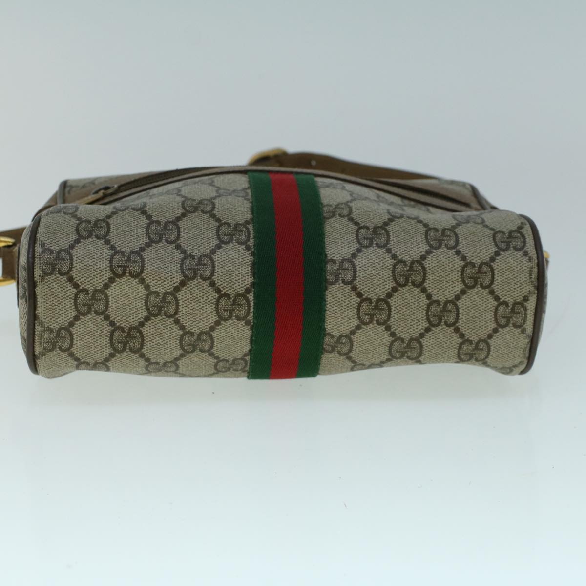 GUCCI GG Canvas Web Sherry Line Shoulder Bag PVC Leather Beige Green Auth 57622