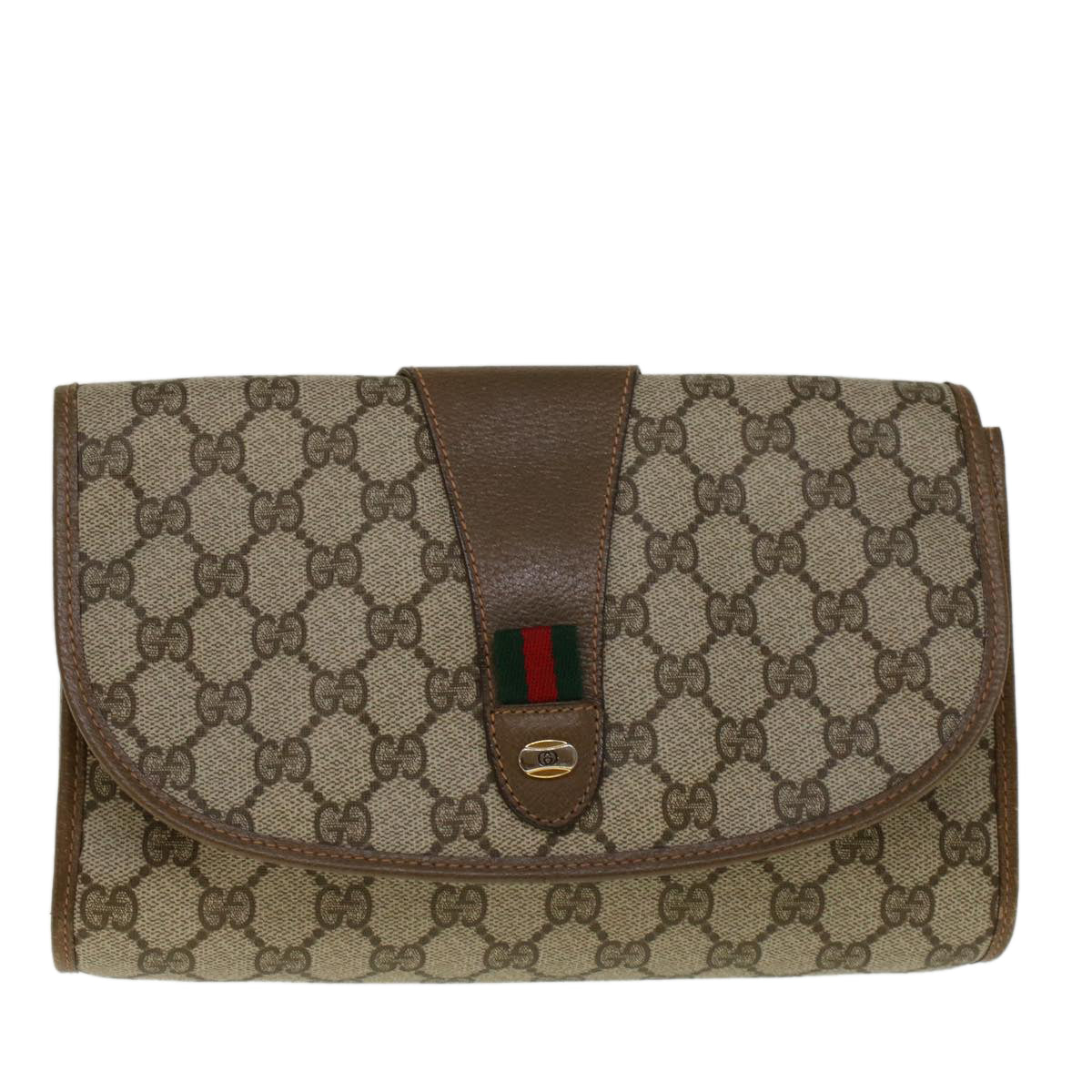 GUCCI GG Supreme Web Sherry Line Clutch Bag Beige Red Green 89 01 030 Auth 57742