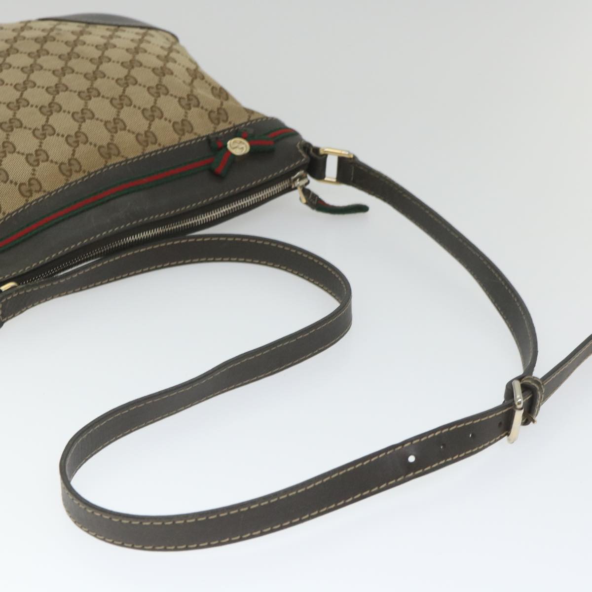 GUCCI GG Canvas Web Sherry Line Shoulder Bag Beige Red Green 257065 Auth 58041