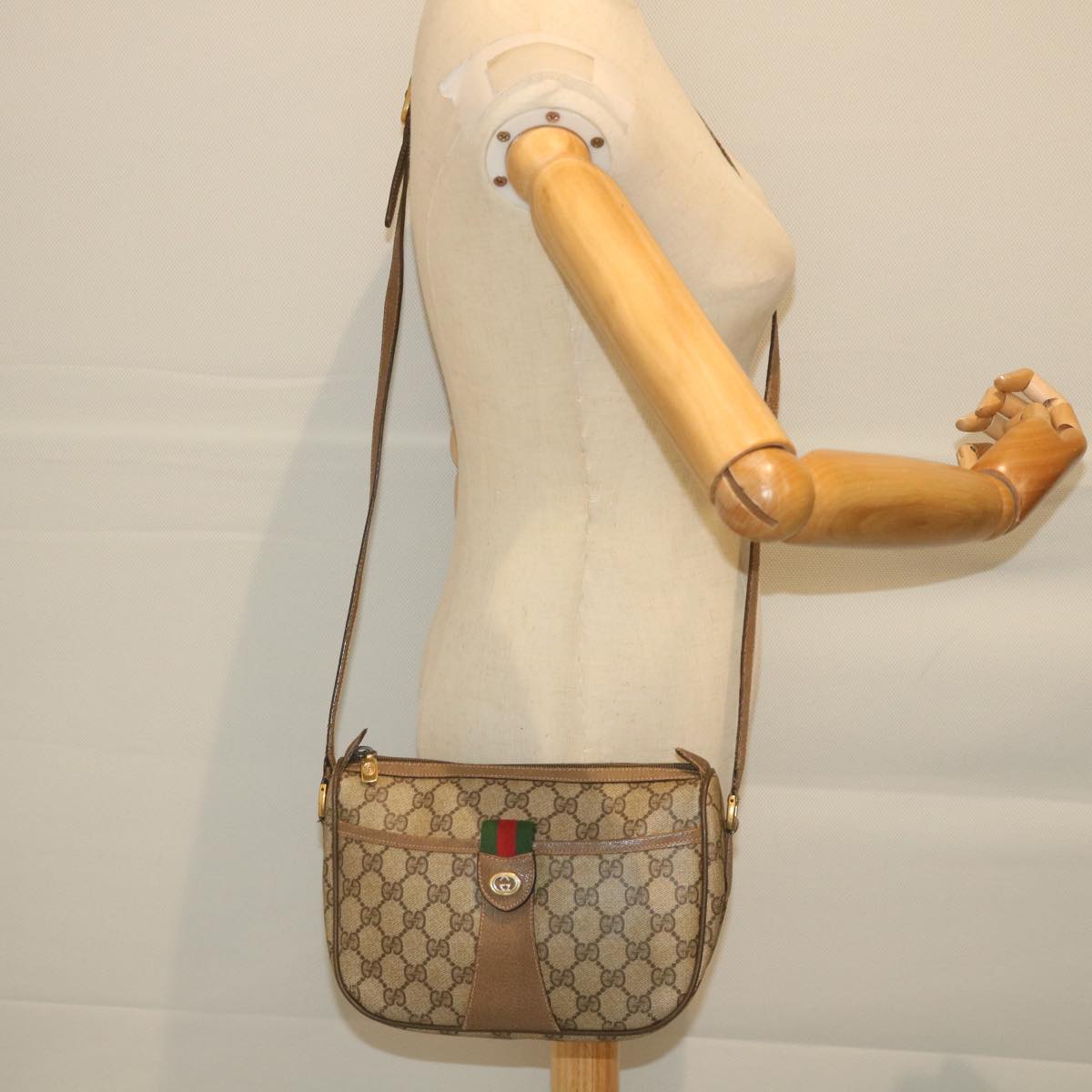 GUCCI GG Canvas Web Sherry Line Shoulder Bag PVC Leather Beige Green Auth 58277