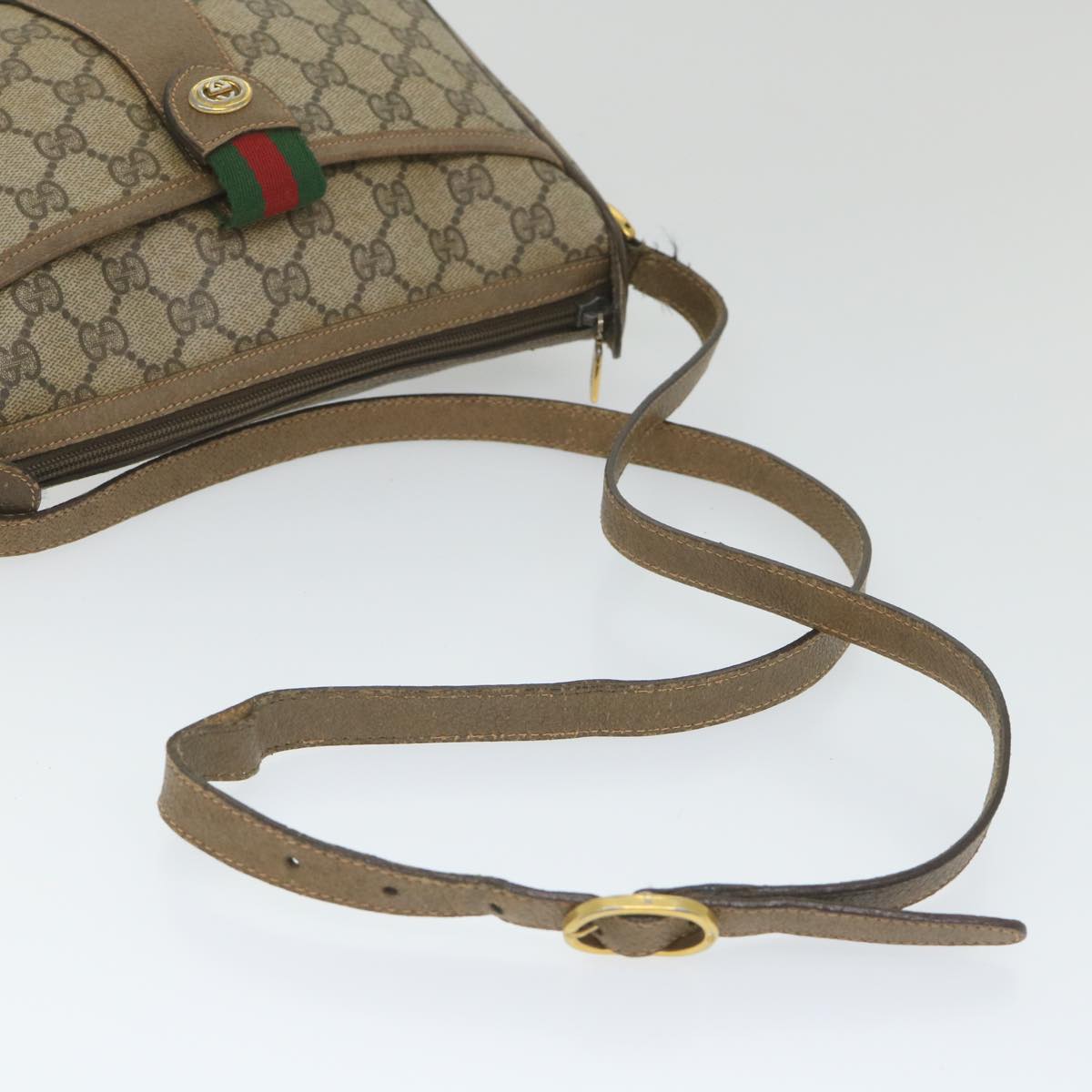 GUCCI GG Canvas Web Sherry Line Shoulder Bag PVC Leather Beige Green Auth 58277