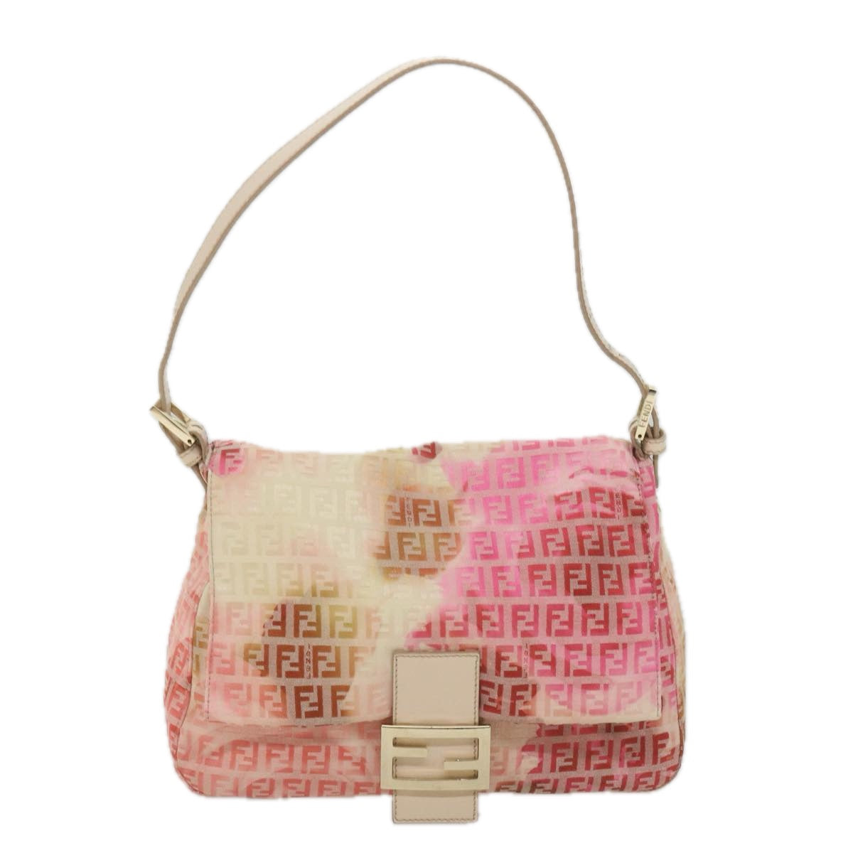 FENDI Zucchino Canvas Mamma Baguette Shoulder Bag Pink Auth 58332