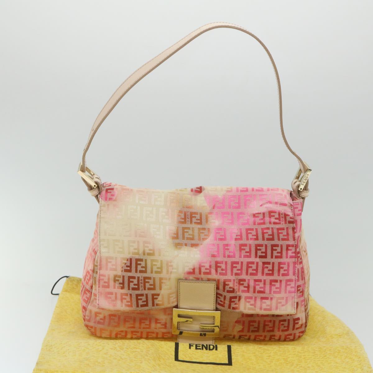 FENDI Zucchino Canvas Mamma Baguette Shoulder Bag Pink Auth 58332