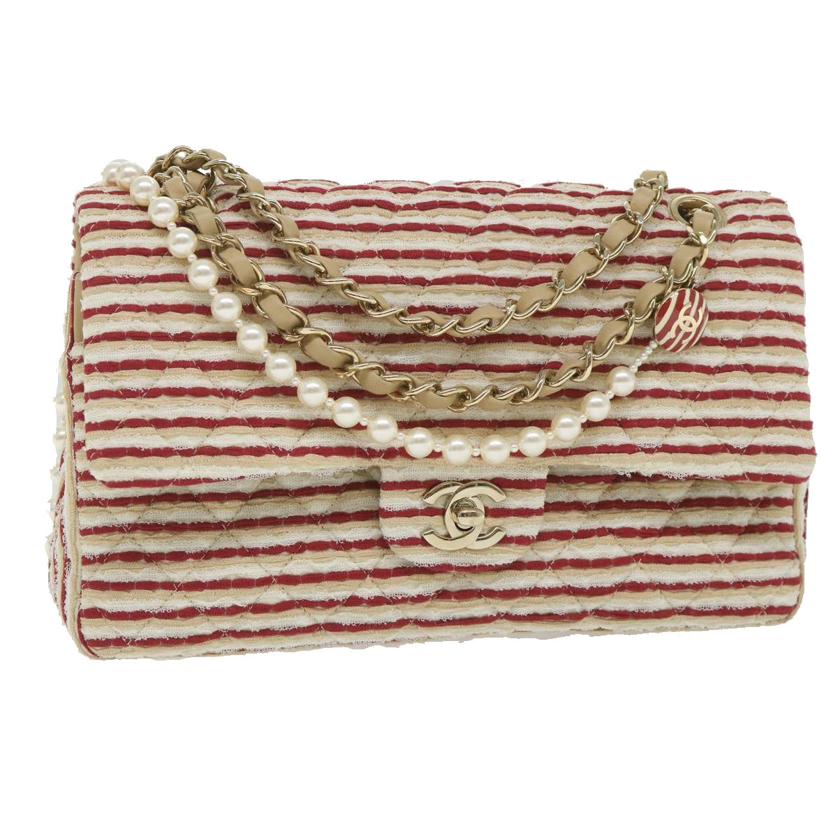 CHANEL Quilted Matelasse Chain Shoulder Bag Canvas Red Beige CC Auth 58343S