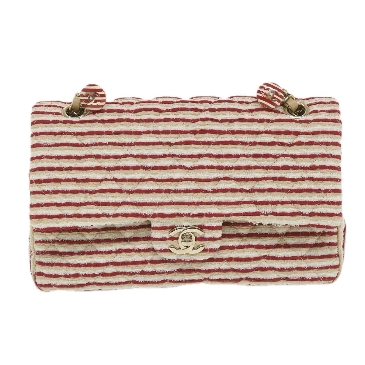 CHANEL Quilted Matelasse Chain Shoulder Bag Canvas Red Beige CC Auth 58343S