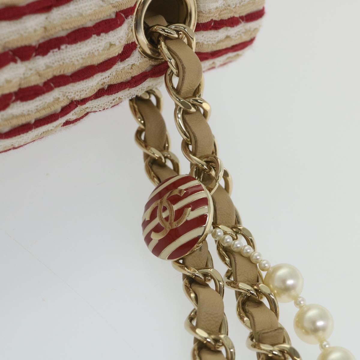CHANEL Quilted Matelasse 25 Chain Shoulder Bag Canvas Red Beige CC Auth 58343SM