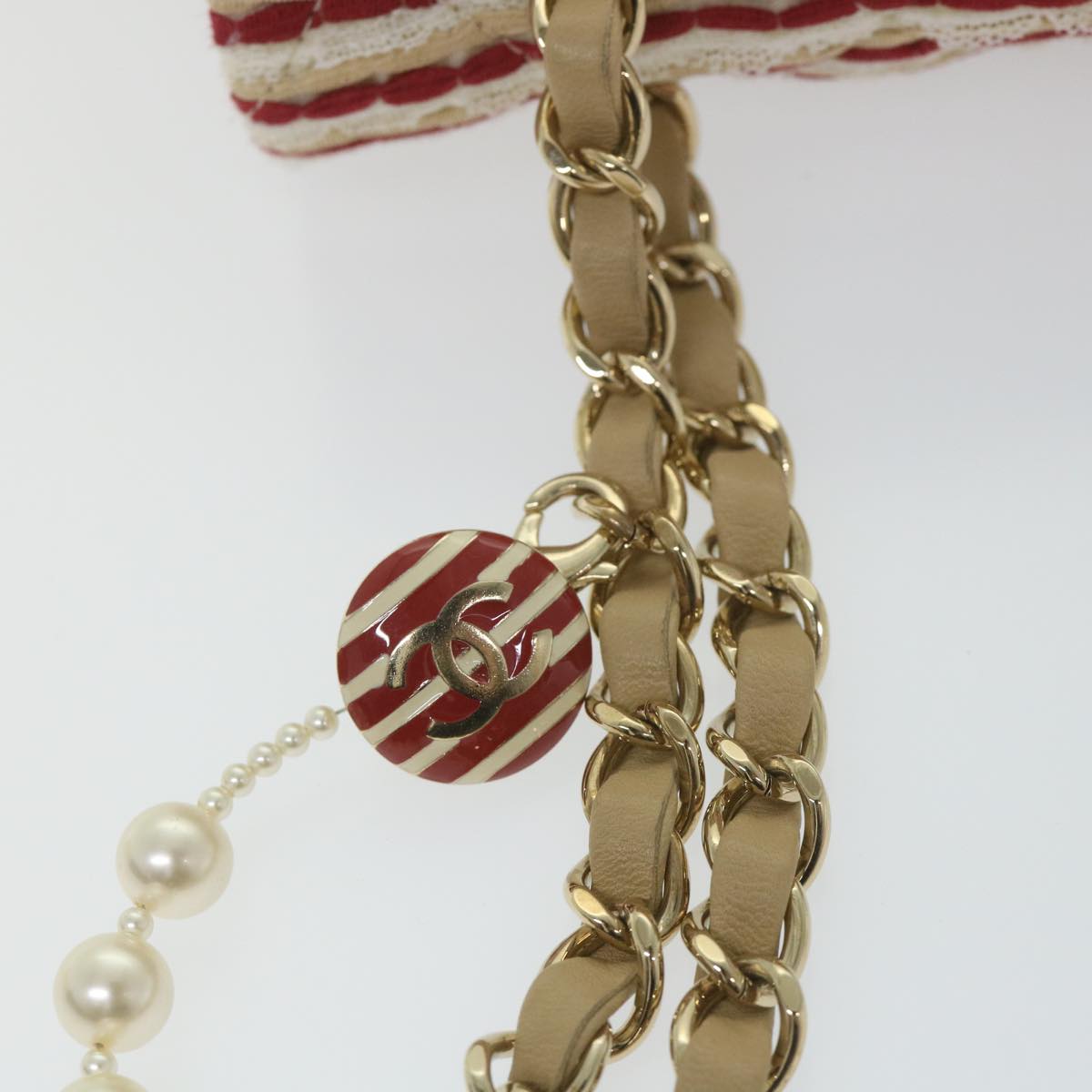 CHANEL Quilted Matelasse 25 Chain Shoulder Bag Canvas Red Beige CC Auth 58343SM