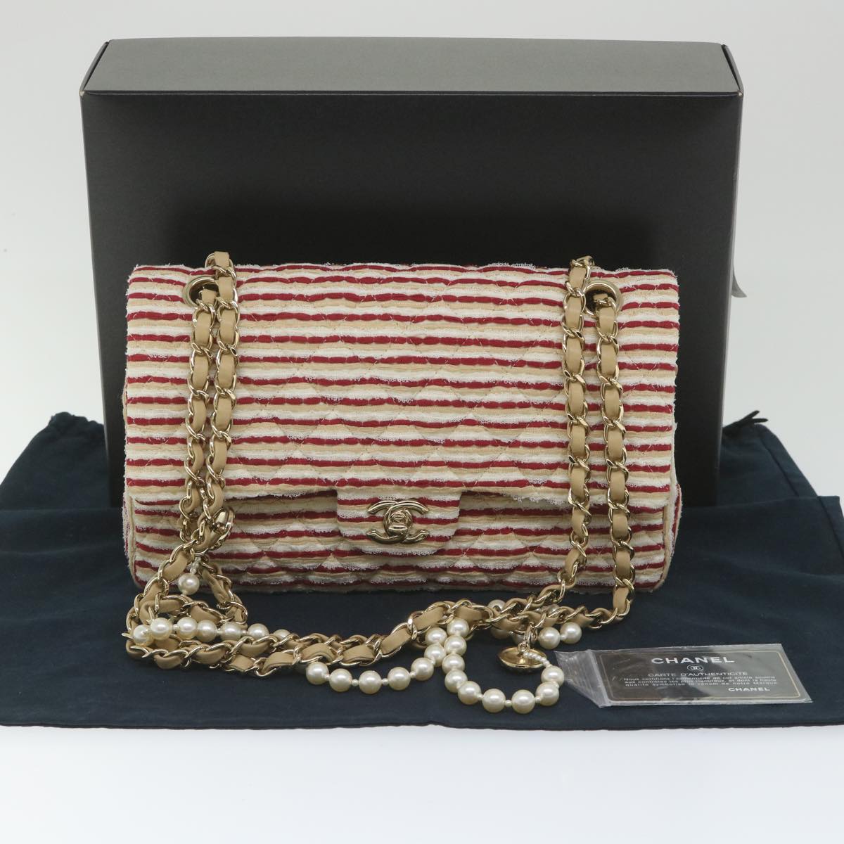 CHANEL Quilted Matelasse 25 Chain Shoulder Bag Canvas Red Beige CC Auth 58343SM