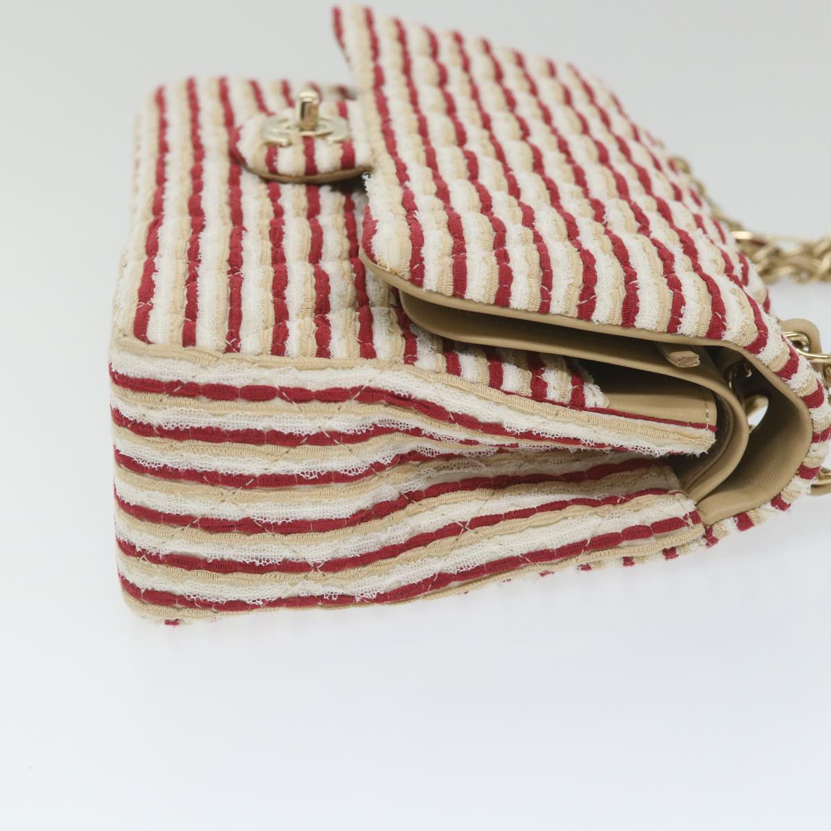 CHANEL Quilted Matelasse 25 Chain Shoulder Bag Canvas Red Beige CC Auth 58343SM