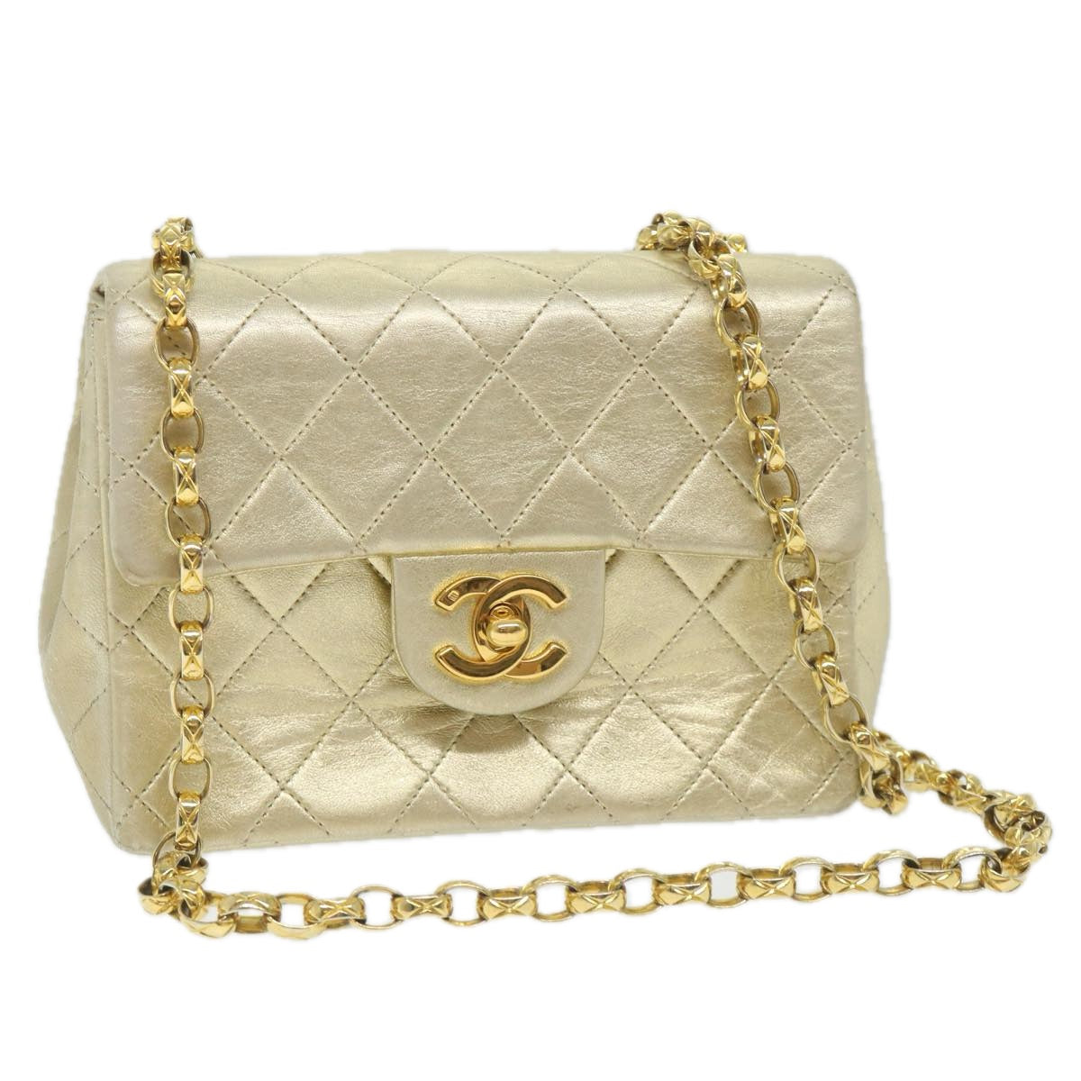 CHANEL Matelasse Chain Shoulder Bag Lamb Skin Gold CC Auth 58346A