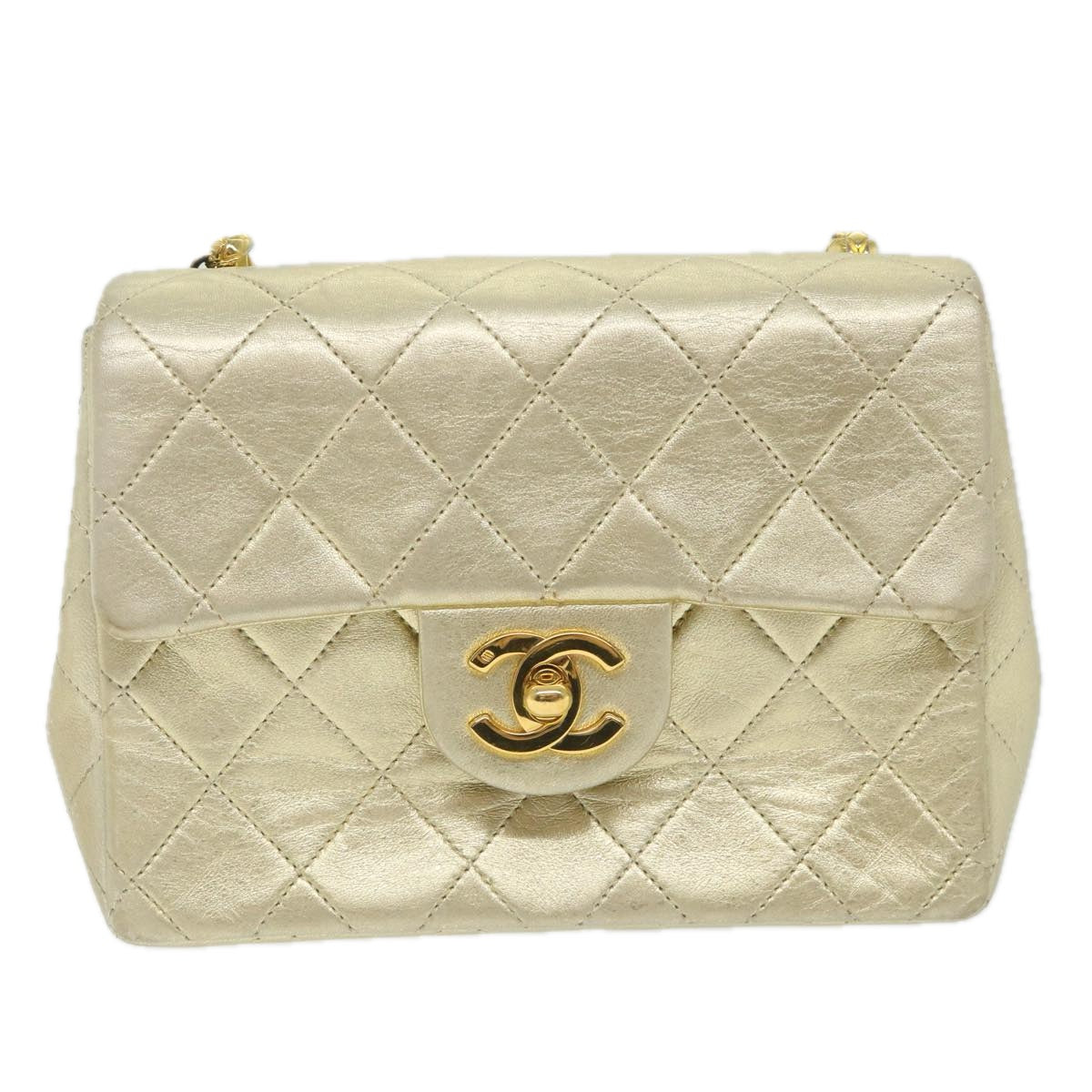 CHANEL Matelasse Chain Shoulder Bag Lamb Skin Gold CC Auth 58346A