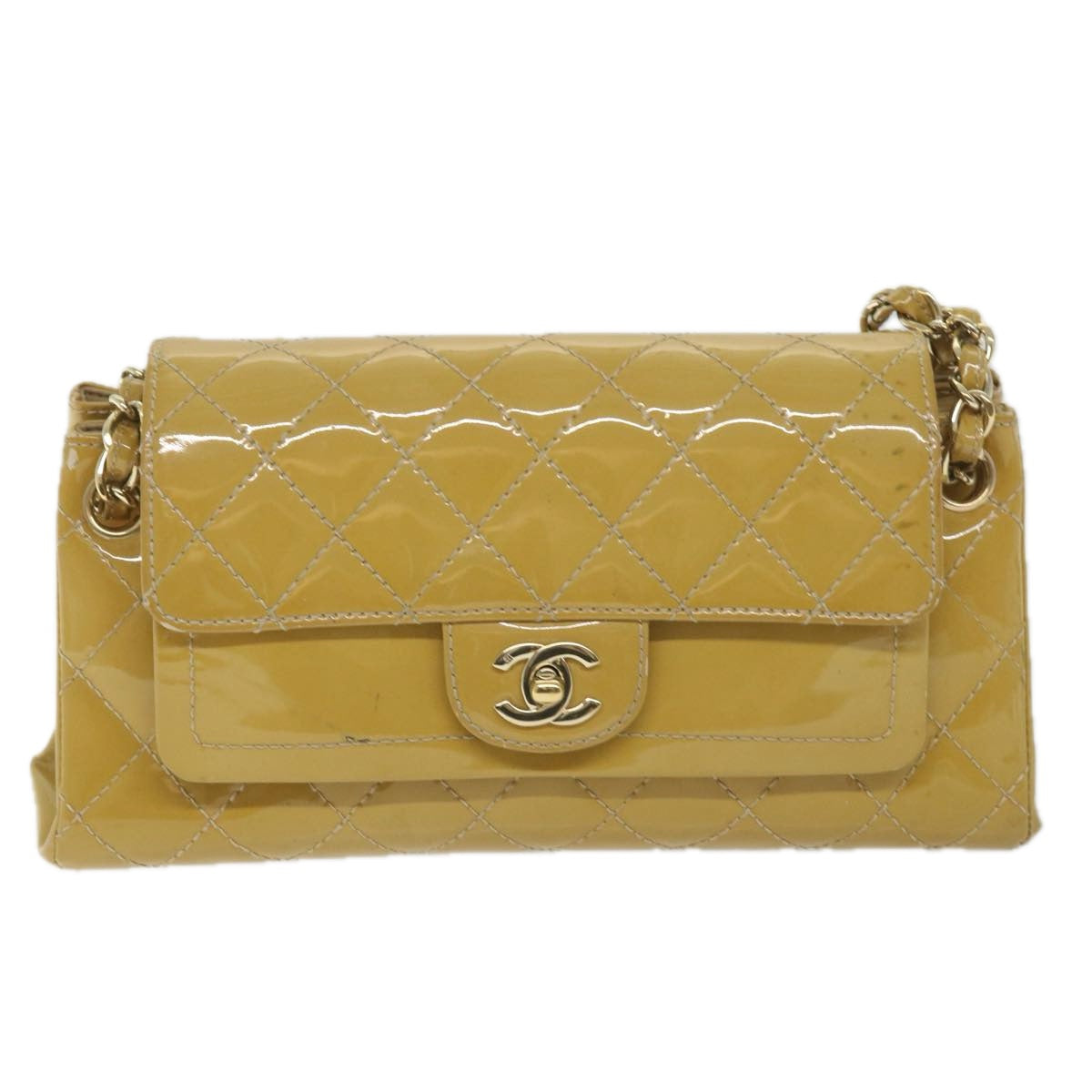 CHANEL Matelasse Chain Shoulder Bag Patent leather Yellow CC Auth 58350A